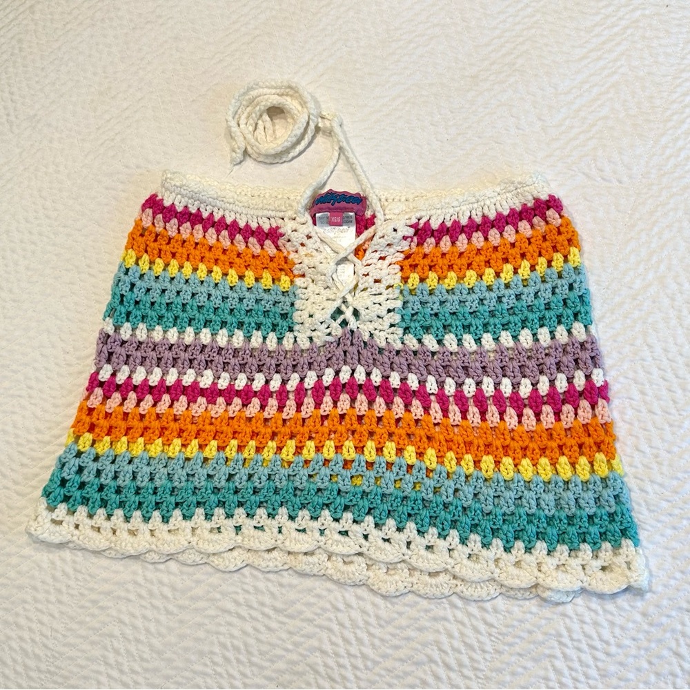 Edikted Rainbow Crochet Lace-Up Mini Skirt